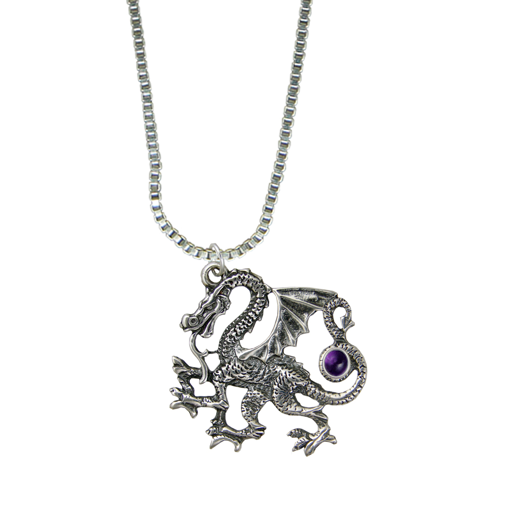 Sterling Silver Large Fighting Dragon Pendant With Amethyst